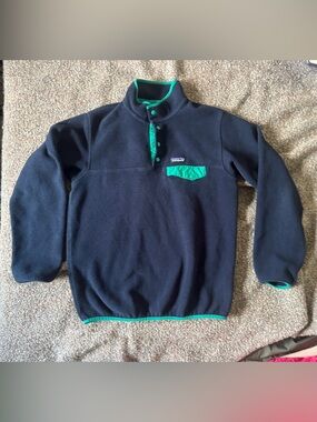 Patagonia synchilla snap-t 1/4 Navy Fleece Pullover with Teal Trim size L
